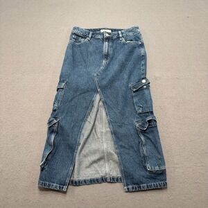 Garage Cargo Maxi Skirt Women's Small Blue Denim High Waisted Front Slit Utility